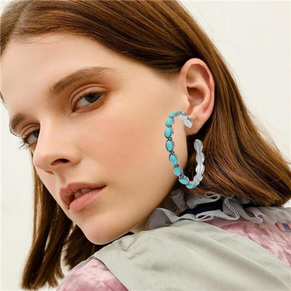 Silver Bohemian Turquoise Jewelry Set Necklace Bracelet Rings Earrings Western - Picture 5 of 7